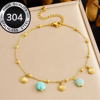 Pulseira Tornozelo Shell & Turquoise – Coleção Mar e Vida (Aço 304)