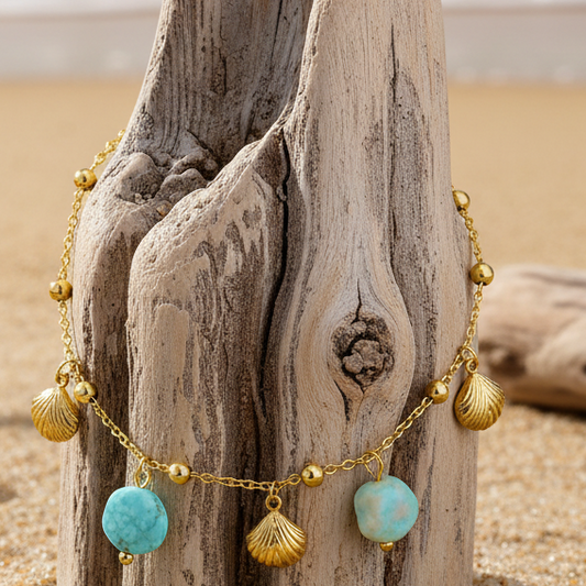 Pulseira Tornozelo Shell & Turquoise – Coleção Mar e Vida (Aço 304)
