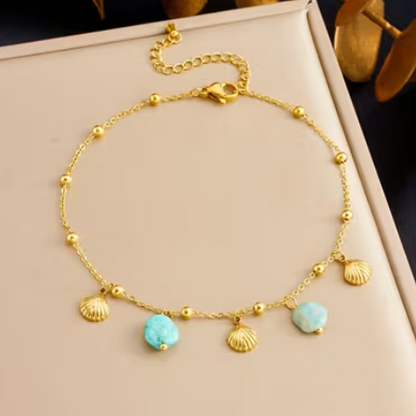 Pulseira Tornozelo Shell & Turquoise – Coleção Mar e Vida (Aço 304)
