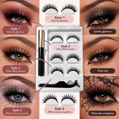 Kit de 3 Pares de Cílios Postiços Reutilizáveis com Eyeliner Adesivo e Pinça Aplicadora