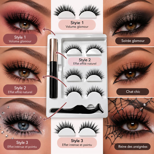 Kit de 3 Pares de Cílios Postiços Reutilizáveis com Eyeliner Adesivo e Pinça Aplicadora