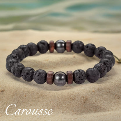 Pulseira Masculina Pedra Vulcânica & Hematita – Elegância Natural