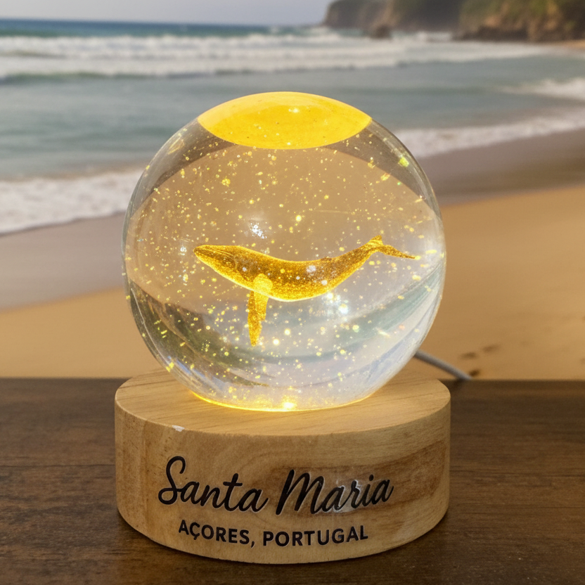 Esta elegante esfera de cristal 3D captura a majestade das baleias que cruzam as águas de Santa Maria. 