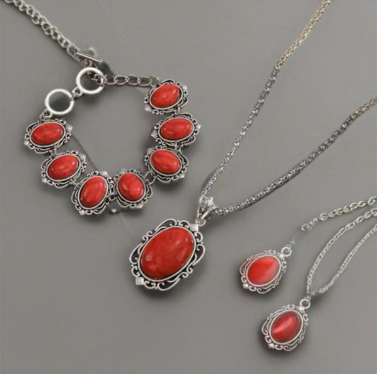Conjunto de Senhora - 3 peças de Prata Antiga com Pedra Vermelha Natural