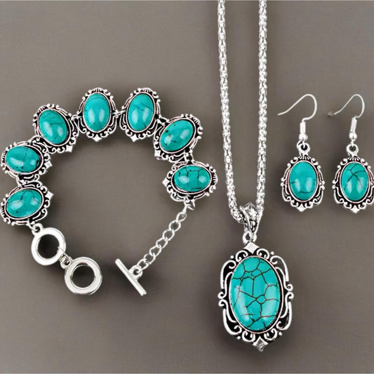 Conjunto de 3 peças de Prata Antiga com Pedra Turquoise Natural