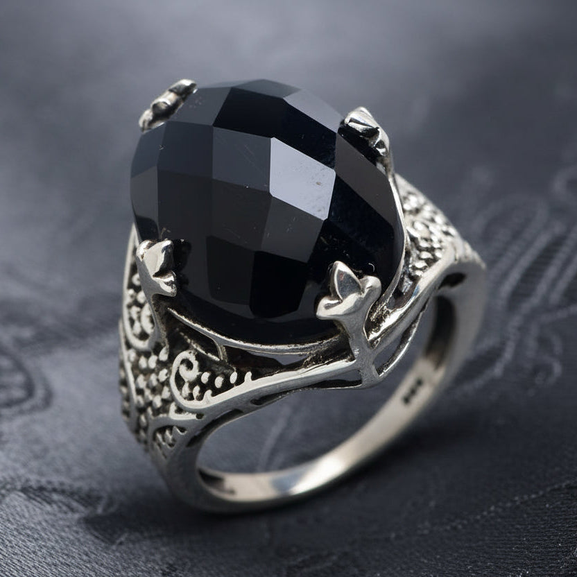 Bague en argent avec pierre naturelle Onyx T : 6.5