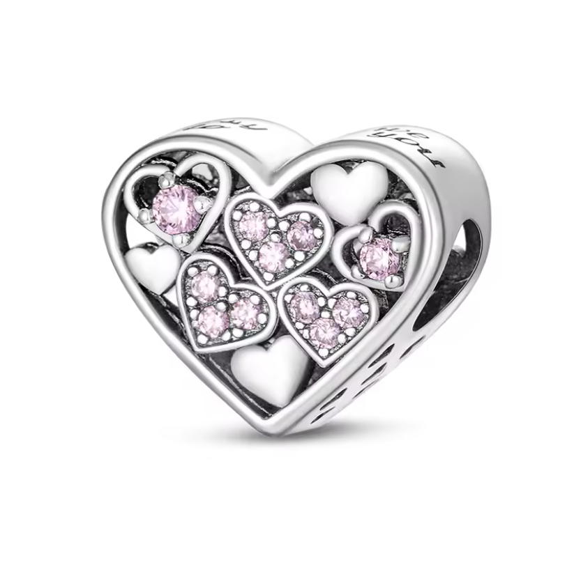 Conta em Prata 925, Coração Deslizante com Cristais Rosa e Brancos