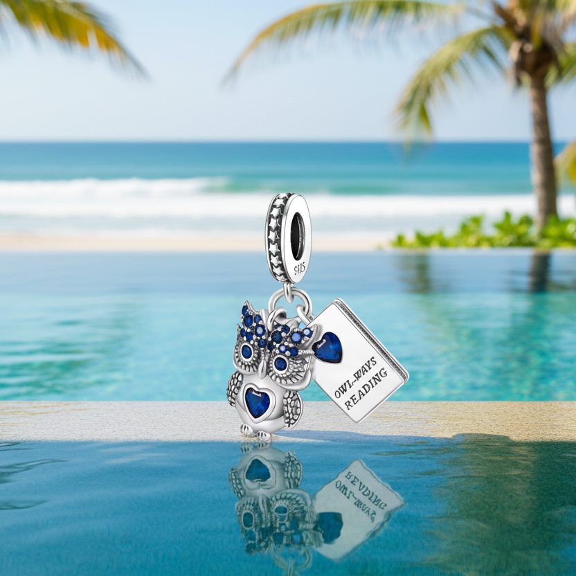 Conta em Prata 925, "Owl-ways Reading" Coruja Sempre Lendo