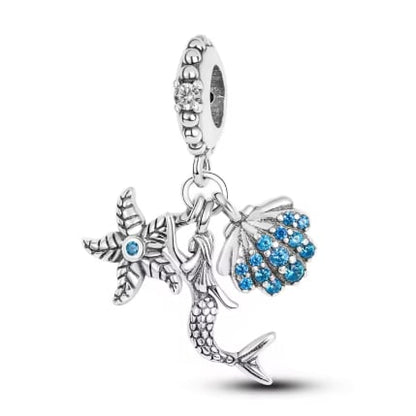 Breloque en Argent 925, Sirène, Coquillage et Étoile de mer