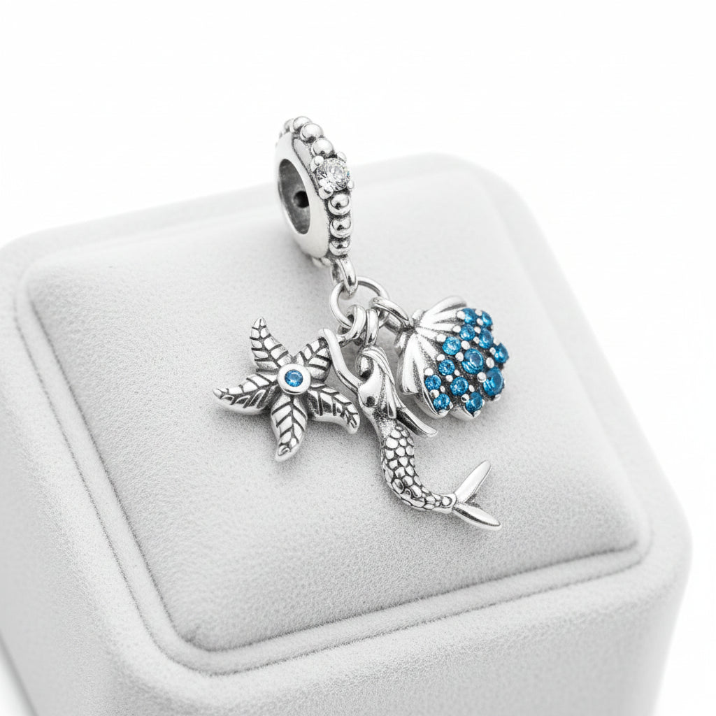 Breloque en Argent 925, Sirène, Coquillage et Étoile de mer