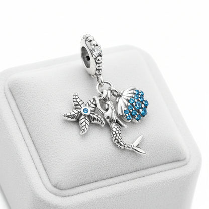 Breloque en Argent 925, Sirène, Coquillage et Étoile de mer