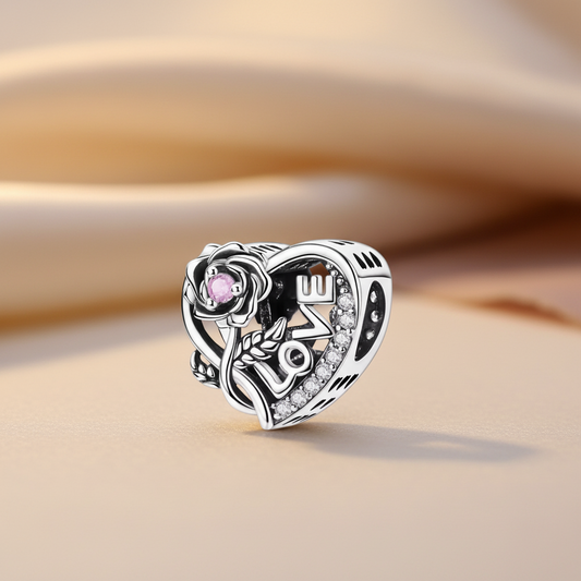 Conta em Prata 925, Coração com Rosa