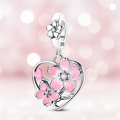 Conta em Prata 925, Coração Vazado com Flor de Cerejeira