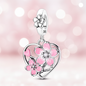 Breloque en argent 925, cœur évidé avec fleur de cerisier