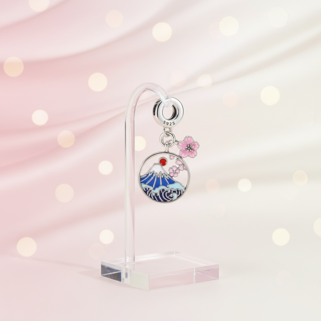 Conta Dupla em Prata 925, Monte Fuji e Flores de Cerejeira