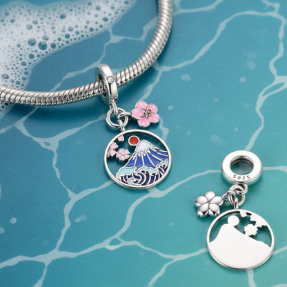 Conta Dupla em Prata 925, Monte Fuji e Flores de Cerejeira