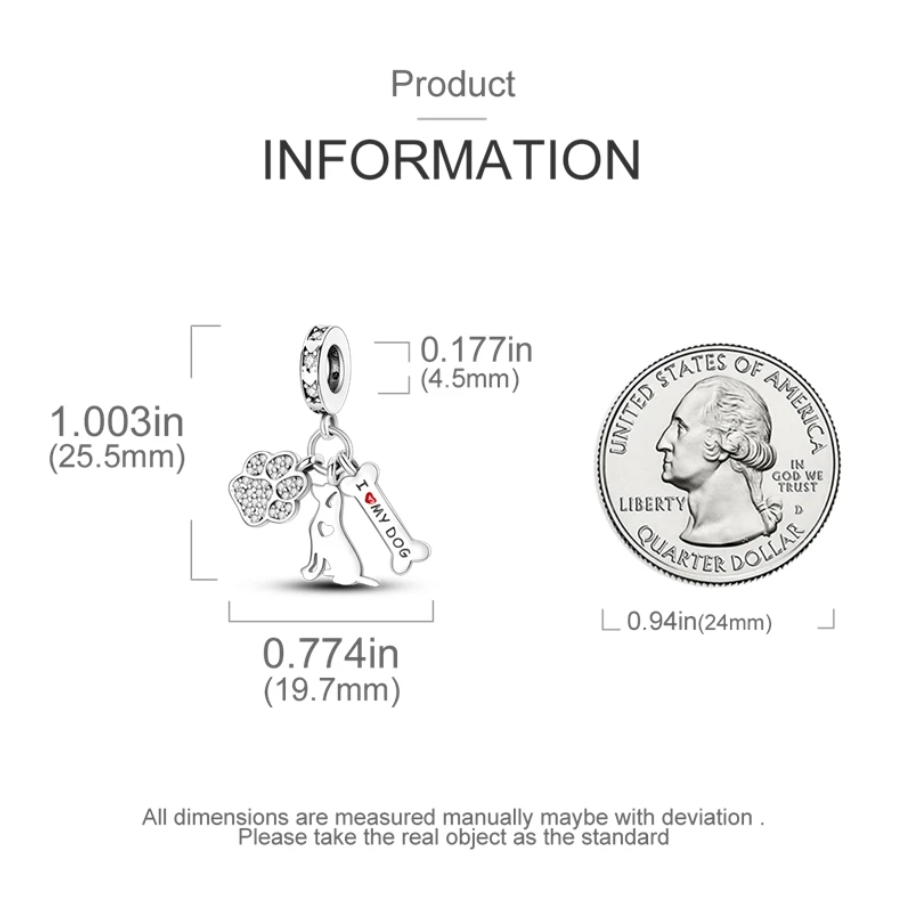 Conta em Prata 925, 3 Peças I Love My Dog
