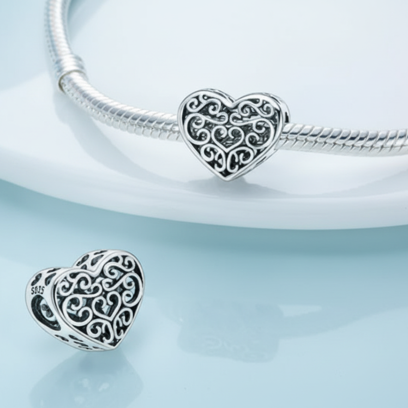 Conta em Prata 925, Coração Filigrana Vazada