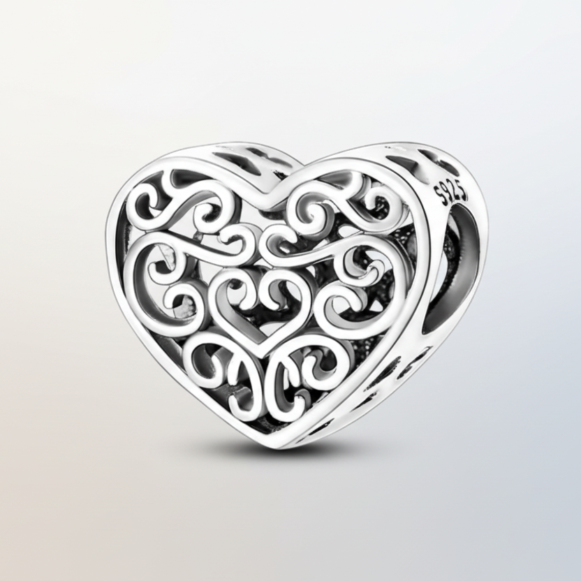 Conta em Prata 925, Coração Filigrana Vazada