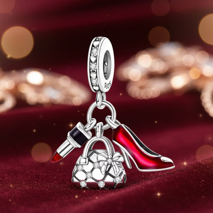 925 Sterling Silver Charm, Handbag/Lipstick/Lady's Shoe Set