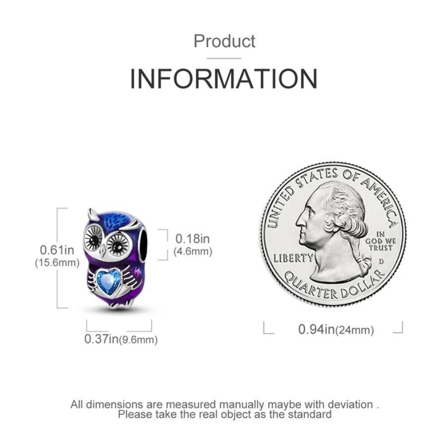 Conta em Prata 925, Coruja com Zircão Azul