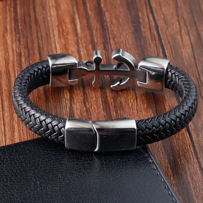 Pulseira de Homem em Couro Preto, Fecho em Aço Inoxidável com Âncora.