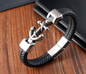 Pulseira de Homem em Couro Preto, Fecho em Aço Inoxidável com Âncora.