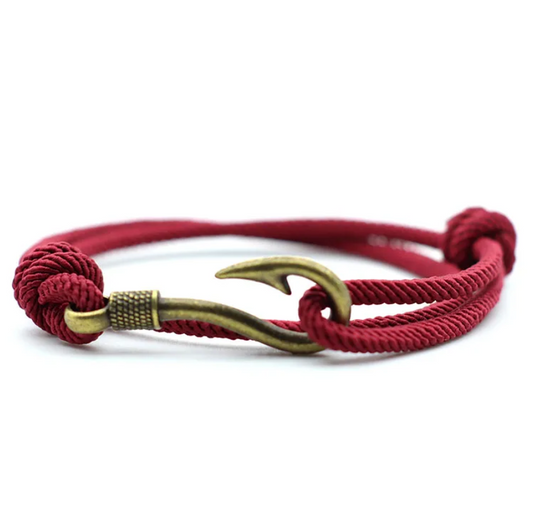 Pulseira de Corda Dupla Bordô, Anzol em Bronze