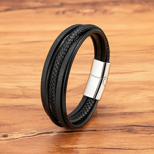 Pulseira de Homem em Couro Multicamadas Fivela Prateada em Aço Inoxidável, Preta Trançada