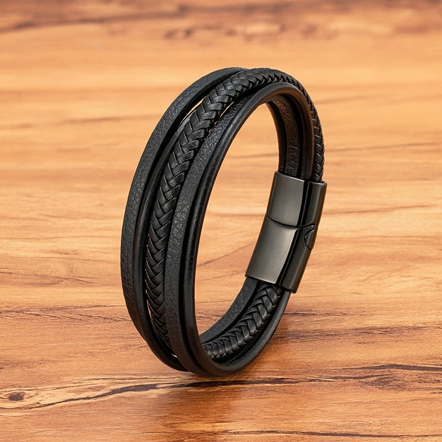 Pulseira de Homem em Couro Multicamadas Fivela em Aço Inoxidável, Preta Trançada