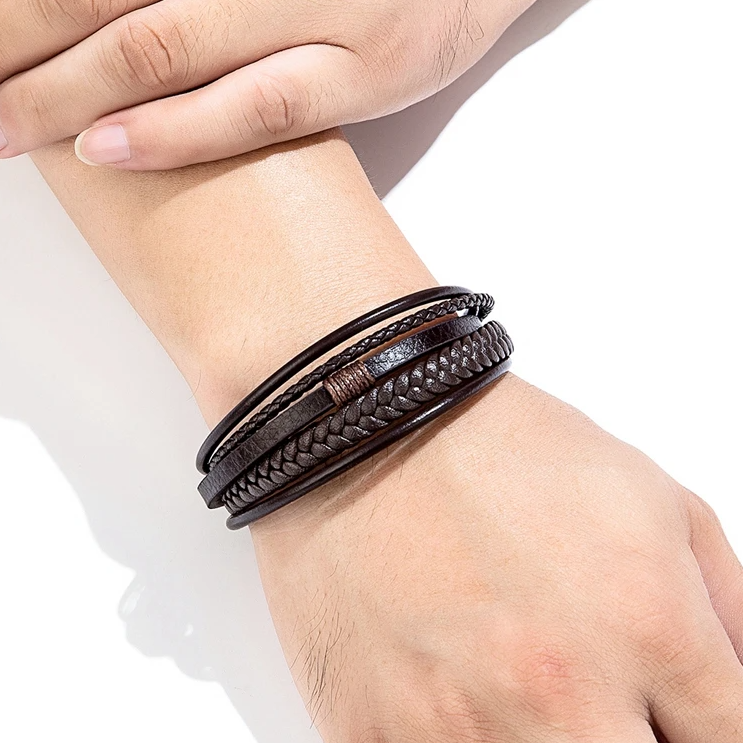 Pulseira de Homem em Couro Multicamadas Fivela em Aço Inoxidável, Castanha