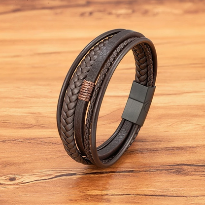 Pulseira de Homem em Couro Multicamadas Fivela em Aço Inoxidável, Castanha
