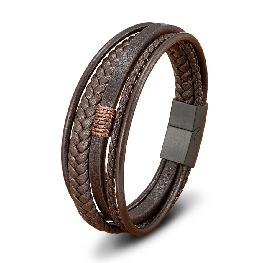 Pulseira de Homem em Couro Multicamadas Fivela em Aço Inoxidável, Castanha