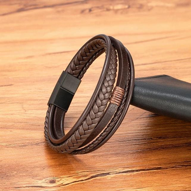 Pulseira de Homem em Couro Multicamadas Fivela em Aço Inoxidável, Castanha