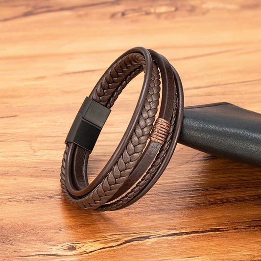 Men's Multi-layer Leather Bracelet with Stainless Steel Clasp, Brown