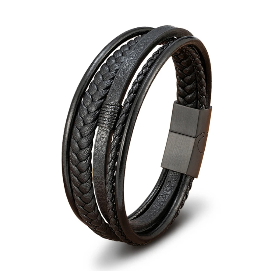 Pulseira Urban Multi-Layer – Couro Legítimo e Aço Negro