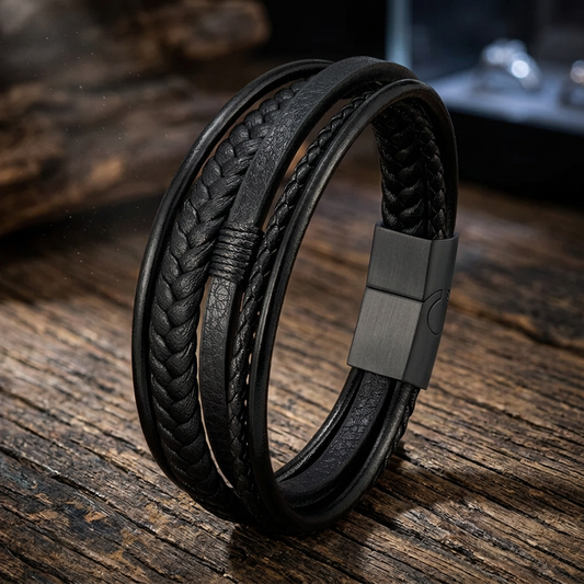 Urban Multi-Layer Bracelet – Genuine Leather and Black Steel, 21CM