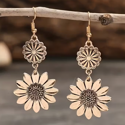 Brincos Girassol Dourado – Elegância Boémia Banhada a Ouro 14K