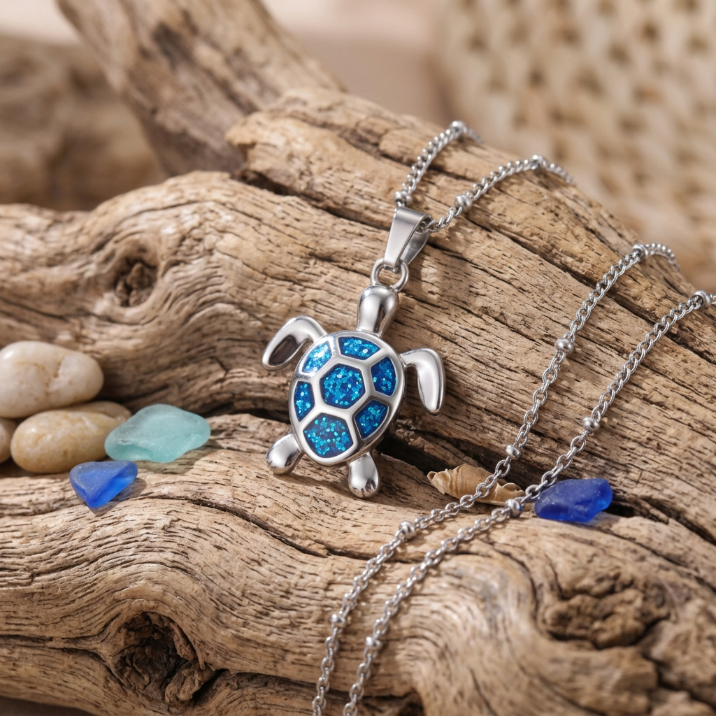 Collier pour femme avec pendentif tortue bleue en acier inoxydable
