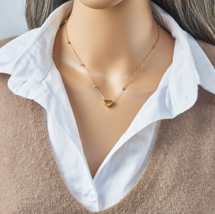 Colar em corrente de contas de Senhora em Aço Inoxidável, Coração