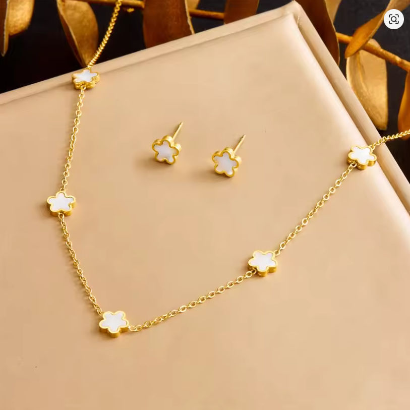 Conjunto de Colar e Brincos em Aço Inoxidável 316L de Flor