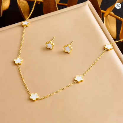 Conjunto de Colar e Brincos em Aço Inoxidável 316L de Flor