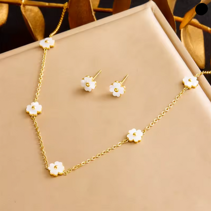 Conjunto de Colar e Brincos em Aço Inoxidável 316L de Flores Brancas