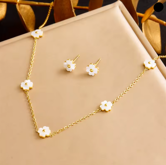 Conjunto de Colar e Brincos em Aço Inoxidável 316L de Flores Brancas