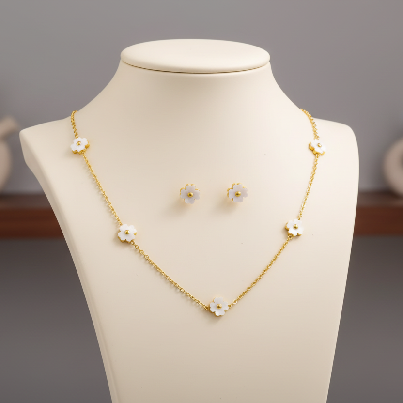 Conjunto White Flower em Aço 316L – A Delicadeza da Natureza no Seu Visual