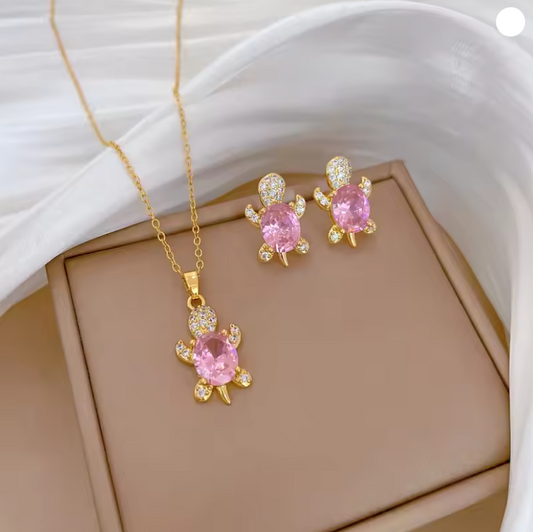 Conjunto de Colar e Brincos em Aço Inoxidável 316L de Tartaruga Strass Rosa
