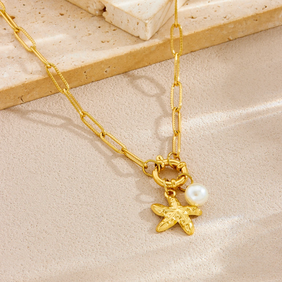 Colar de Senhora em Aço Inoxidável , Estrela do Mar com Pérola