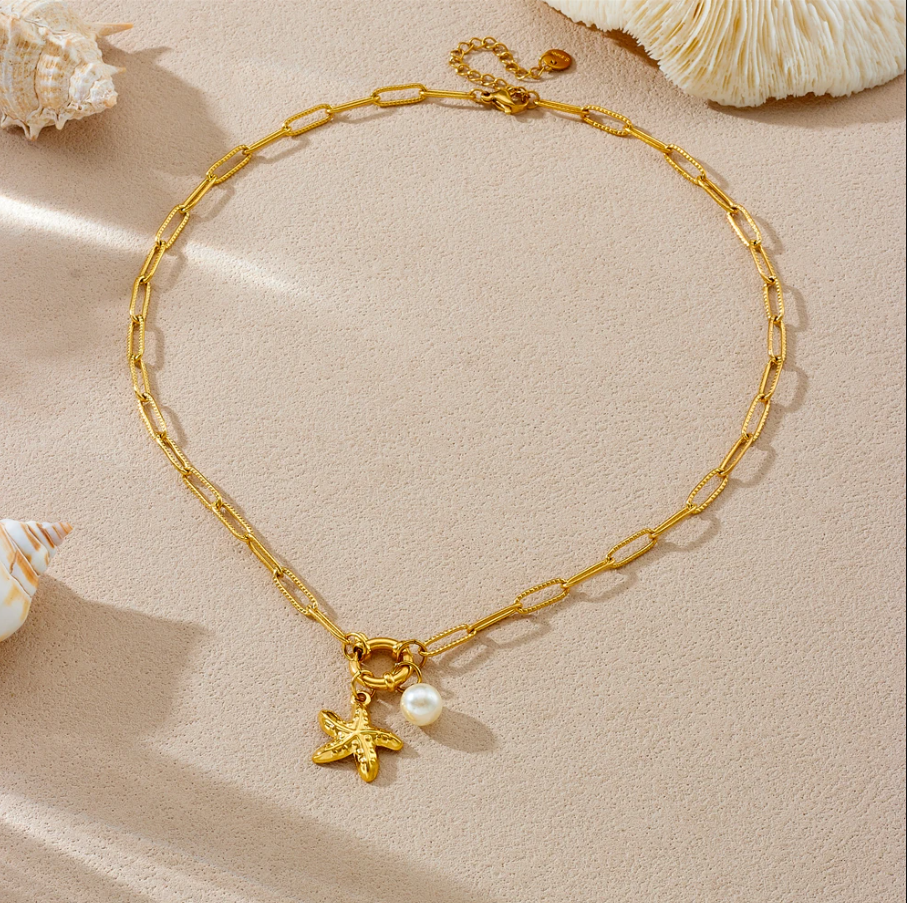 Colar de Senhora em Aço Inoxidável , Estrela do Mar com Pérola