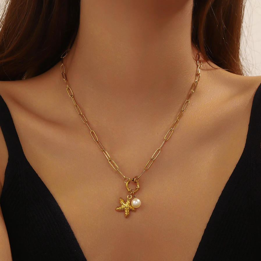 Colar de Senhora em Aço Inoxidável , Estrela do Mar com Pérola
