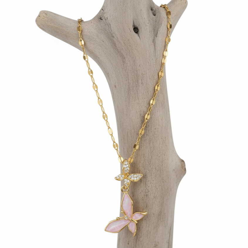Colar Dual Butterfly Pink & Zircon – Coleção Mar e Vida.